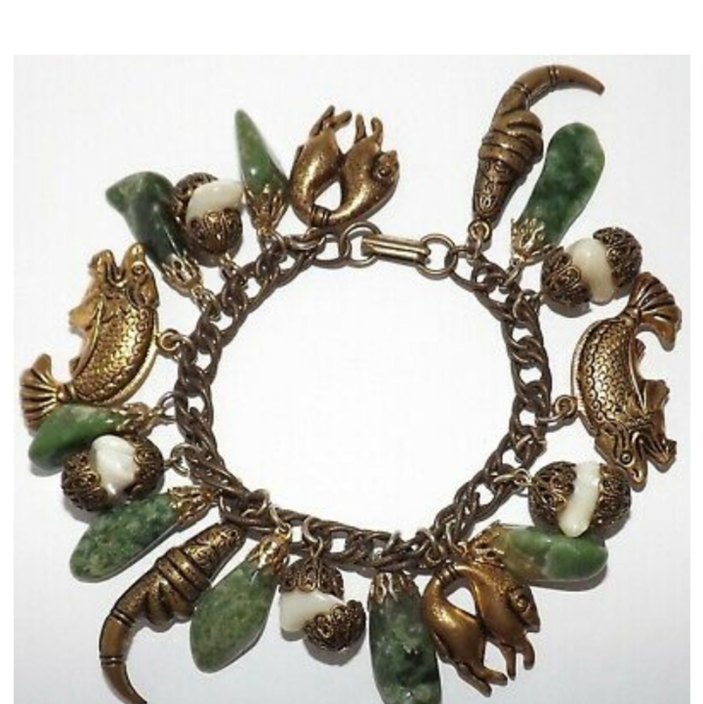 Vintage RARE Miriam Haskell Asian Inspired Jade Green Stone Charm Bracelet